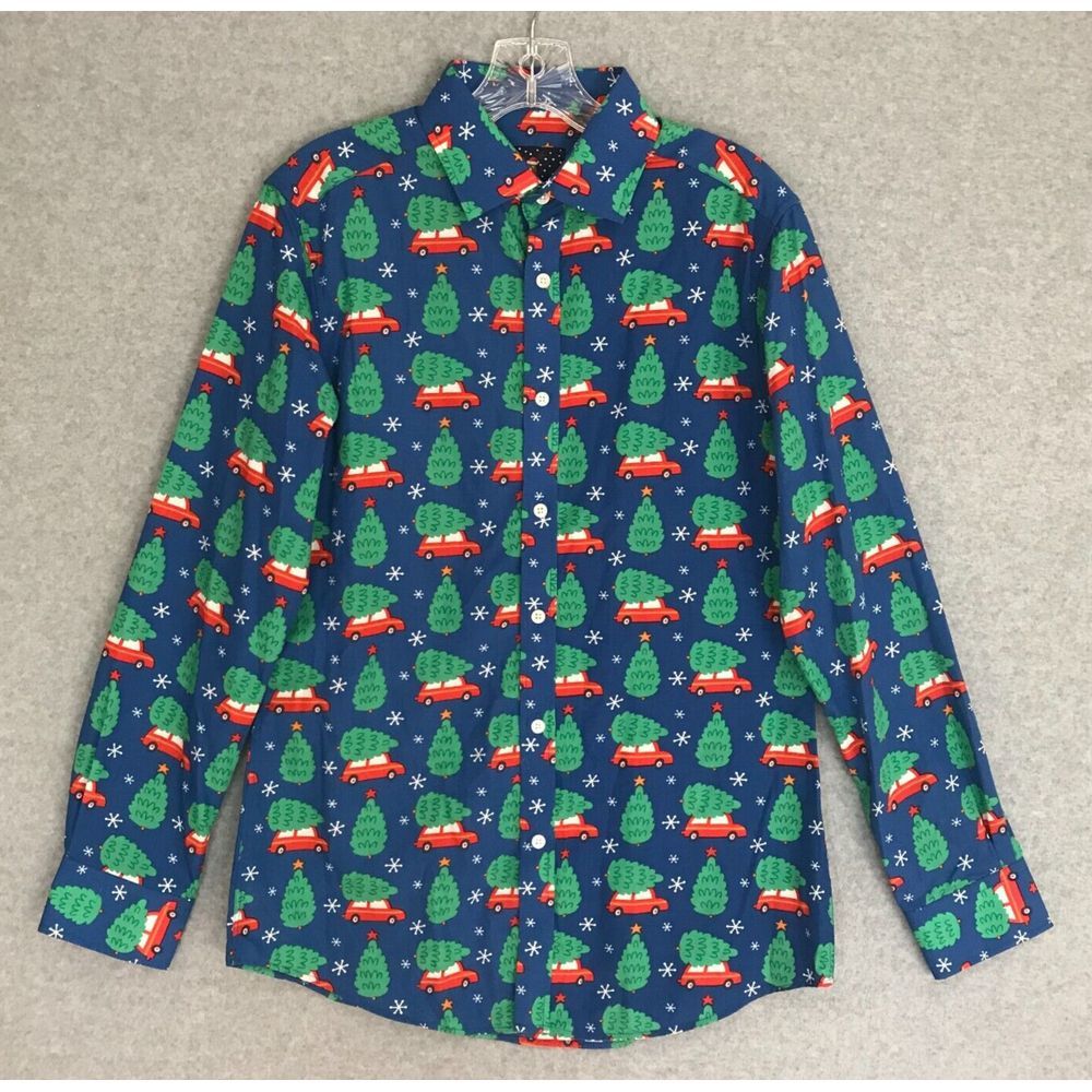 NEW! Christmas Tree on Car Shirt Mens Medium Blue Button-Up Long Sleeve Hawaiian